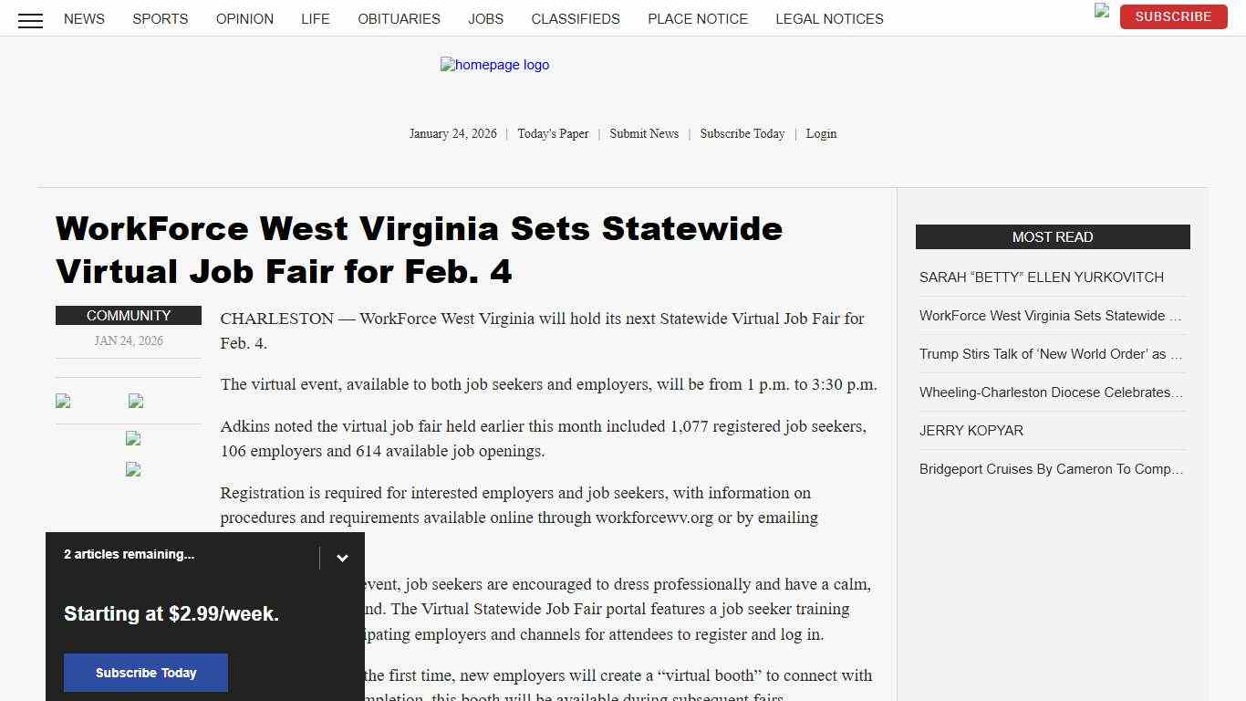 WorkForce West Virginia Sets Statewide Virtual Job Fair for Feb. 4 News, Sports, Jobs - The Intelligencer