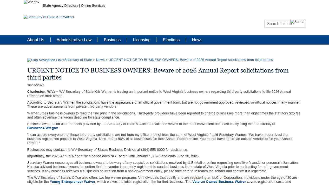 URGENT NOTICE TO BUSINESS OWNERS: Beware of 2026 Annual Report solicitations from third parties